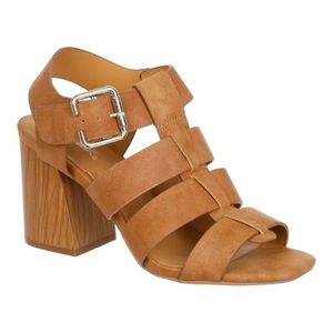 QUPID Women’s Dorcas Camel Nubuck Caged Open Toe Block Heel Sandals NWT
